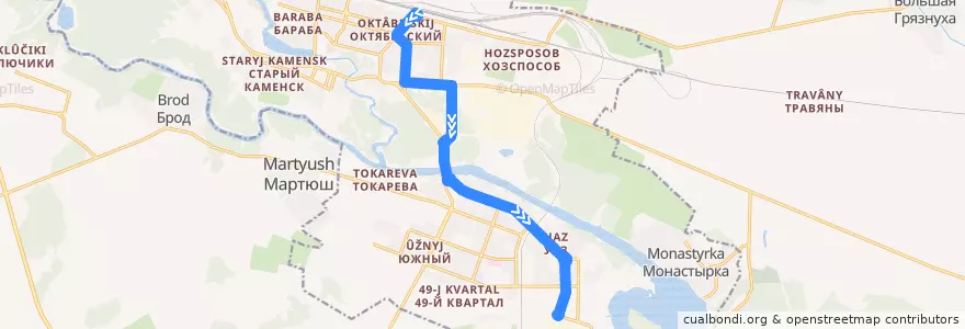 Mapa del recorrido Автобус 9: Вокзал – Заводоуправление УАЗа de la línea  en городской округ Каменск-Уральский.