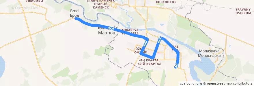 Mapa del recorrido Автобус 10: Заводоуправление УАЗа – д. Брод de la línea  en Каменский городской округ.