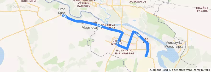 Mapa del recorrido Автобус 10: д. Брод – Заводоуправление УАЗа de la línea  en Каменский городской округ.