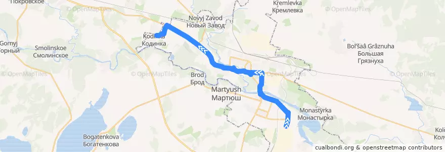 Mapa del recorrido Автобус 2: Заводоуправление УАЗа – Кодинка de la línea  en городской округ Каменск-Уральский.