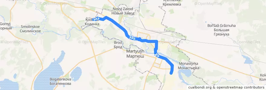 Mapa del recorrido Автобус 2: Кодинка – Заводоуправление УАЗа de la línea  en городской округ Каменск-Уральский.
