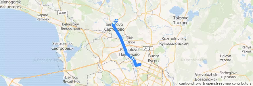 Mapa del recorrido Автобус № 444: Сертолово-2 => станция метро "Проспект Просвещения" de la línea  en Ленинградская область.