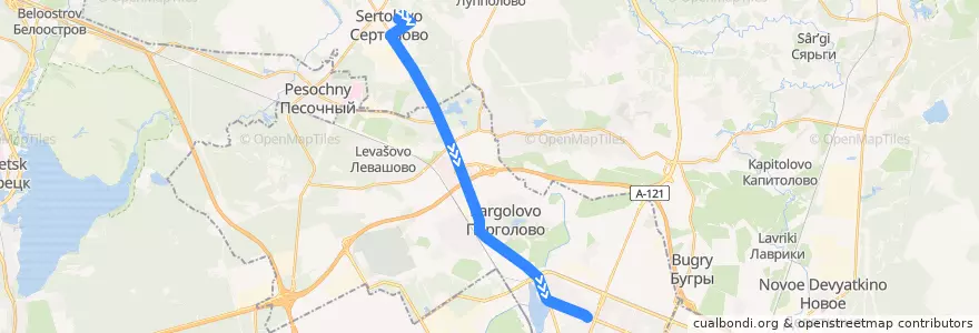 Mapa del recorrido Автобус № 555А: Сертолово, улица Ларина => станция метро "Парнас" de la línea  en Ленинградская область.
