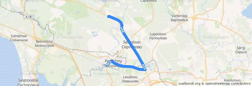 Mapa del recorrido Автобус № 497: ж/д станция Песочная => Чёрная речка de la línea  en レニングラード州.