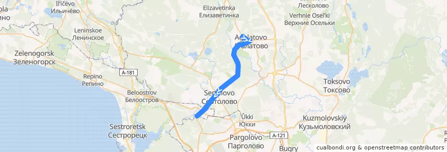Mapa del recorrido Автобус № 447: Агалатово => ж/д станция Песочная de la línea  en Vsevolozhsky District.
