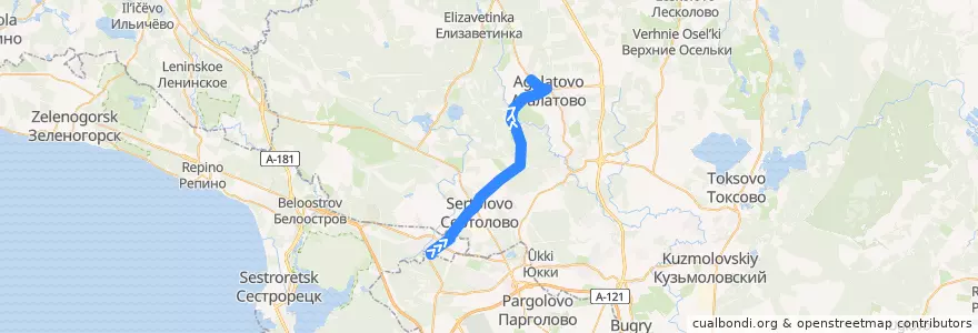 Mapa del recorrido Автобус № 447: ж/д станция Песочная => Агалатово de la línea  en Всеволожский район.