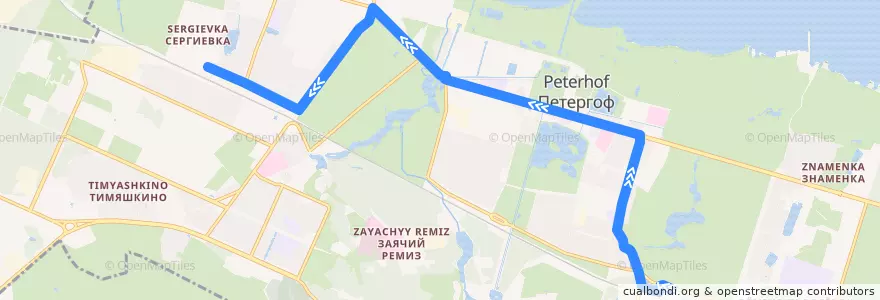 Mapa del recorrido Автобус № 351Б: ж/д станция Новый Петергоф => улица Халтурина de la línea  en Peterhof.