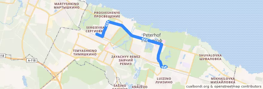 Mapa del recorrido Автобус № 351А: ж/д станция Новый Петергоф => улица Халтурина de la línea  en Peterhof.