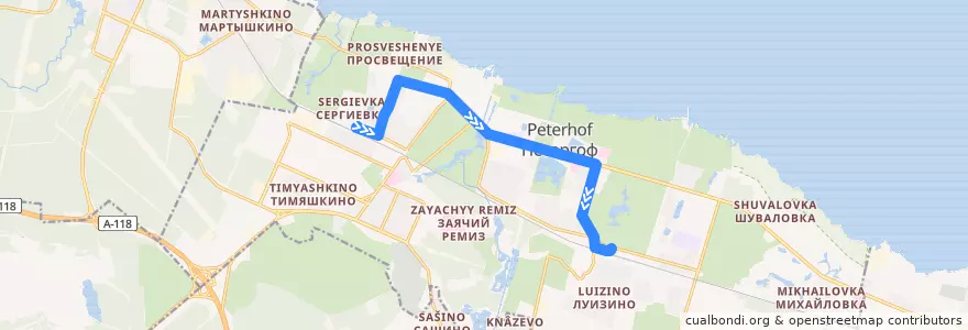 Mapa del recorrido Автобус № 351Б: улица Халтурина => ж/д станция Новый Петергоф de la línea  en Петергоф.