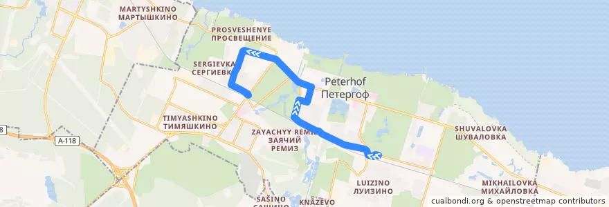 Mapa del recorrido Автобус № 353: ж/д станция Новый Петергоф => ж/д станция Старый Петергоф de la línea  en Петергоф.