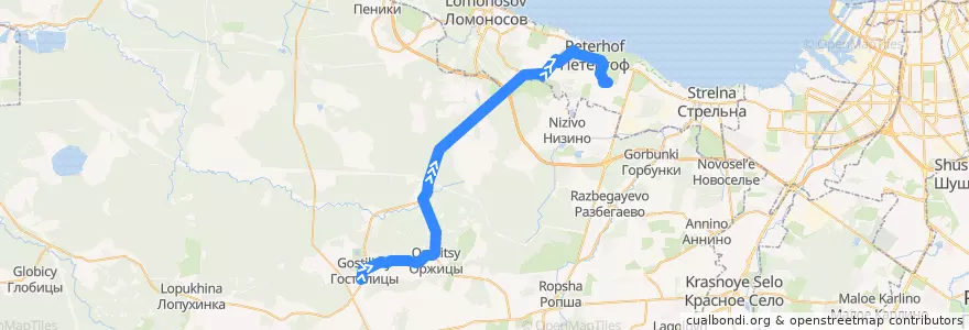 Mapa del recorrido Автобус № 489: Гостилицы => ж/д станция Новый Петергоф de la línea  en Ленинградская область.