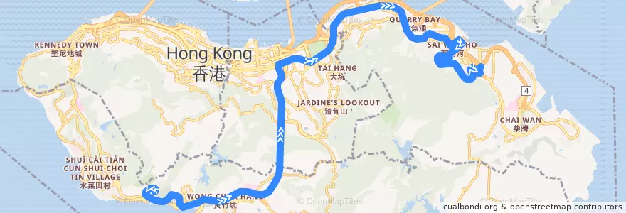 Mapa del recorrido Bus 77 (Tin Wan → Shau Kei Wan) de la línea  en Pulau Hong Kong.