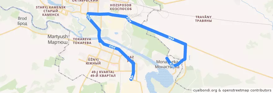 Mapa del recorrido Автобус 15: Заводоуправление УАЗа – Монастырка de la línea  en Каменский городской округ.