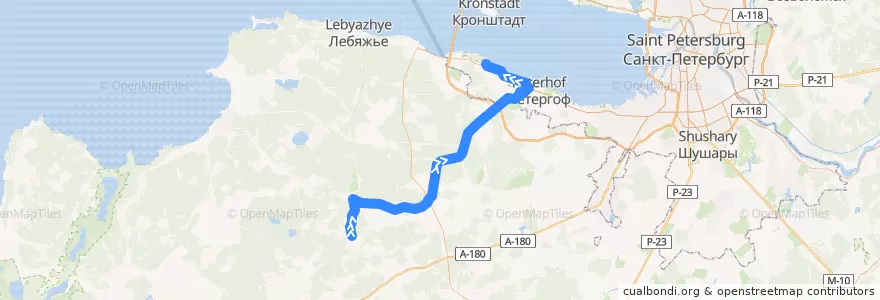 Mapa del recorrido Автобус № 686: Горки => Ломоносов, вокзал de la línea  en Oblast Leningrad.