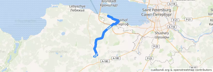 Mapa del recorrido Автобус № 683А: Красный бор => Ломоносов, вокзал de la línea  en Ленинградская область.