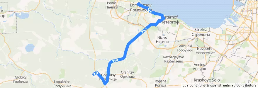 Mapa del recorrido Автобус № 682: Озёрное => Ломоносов, вокзал de la línea  en Ленинградская область.