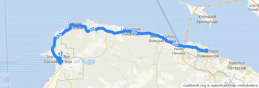 Mapa del recorrido Автобус № 675: Сосновый бор => Ломоносов, вокзал de la línea  en Ломоносовский район.