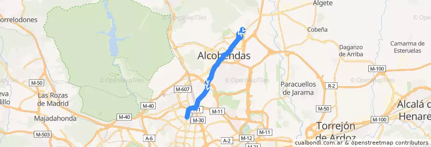 Mapa del recorrido Bus 152C: San Sebastián de los Reyes (Dehesa Vieja) → Plaza Castilla de la línea  en Área metropolitana de Madrid y Corredor del Henares.