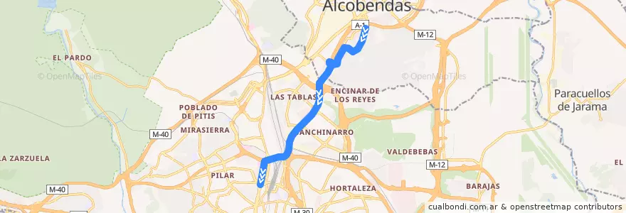 Mapa del recorrido Bus 155: El Soto de La Moraleja → Plaza Castilla de la línea  en Área metropolitana de Madrid y Corredor del Henares.