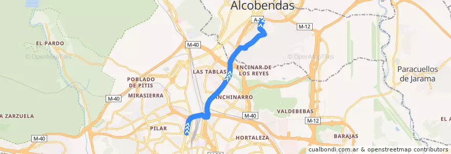 Mapa del recorrido Bus 155: Plaza Castilla → El Soto de La Moraleja de la línea  en Área metropolitana de Madrid y Corredor del Henares.