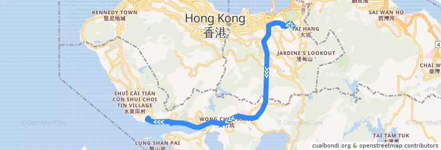 Mapa del recorrido Bus 72 (Causeway Bay (Moreton Terrace) - Wah Kwai Estate) de la línea  en Pulau Hong Kong.