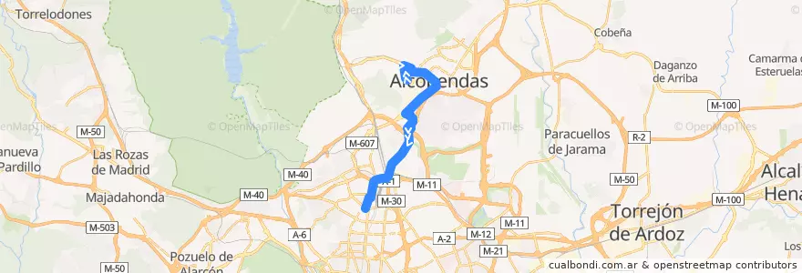 Mapa del recorrido Bus 157: Alcobendas (Paseo de la Chopera) → Plaza Castilla de la línea  en Área metropolitana de Madrid y Corredor del Henares.