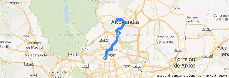Mapa del recorrido Bus 157: Plaza Castilla → Alcobendas (Paseo de la Chopera) de la línea  en Área metropolitana de Madrid y Corredor del Henares.