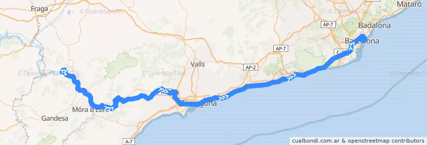 Mapa del recorrido R15: Riba-roja d’Ebre (via Reus) - Barcelona Estació de França de la línea  en Catalogne.