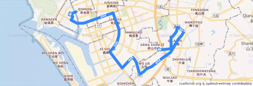 Mapa del recorrido 25路(往程) de la línea  en Гаосюн.