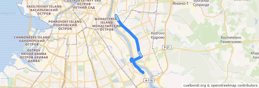 Mapa del recorrido Трамвай № 39: Трамвайный парк №7 => станция метро "Новочеркасская" de la línea  en Невский район.