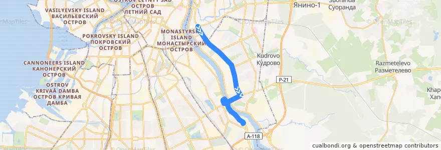 Mapa del recorrido Трамвай № 39: станция метро "Новочеркасская" => Трамвайный парк №7 de la línea  en Невский район.