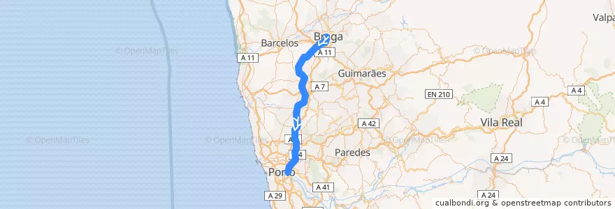 Mapa del recorrido Comboio Intercidades: Braga => Lisboa (Santa Apolónia) de la línea  en ノルテ.