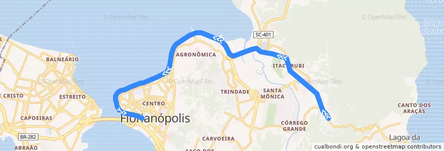 Mapa del recorrido Ônibus 150: Única via Beira-Mar, Bairro => TICEN, Volta de la línea  en Florianópolis.
