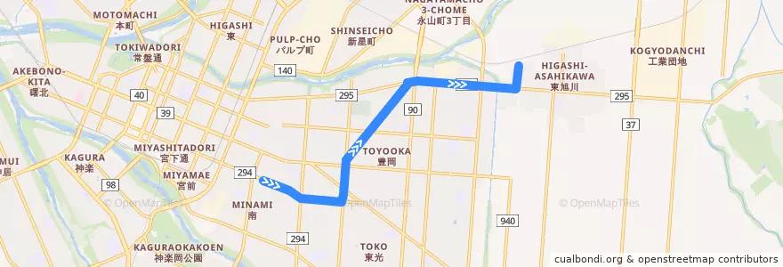 Mapa del recorrido [48]厚生看護学校線（学生対策路線） (Kosei Nurse School Line) de la línea  en 旭川市.