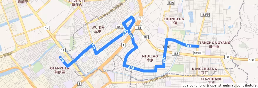 Mapa del recorrido 紅11(返程) de la línea  en Fengshan.