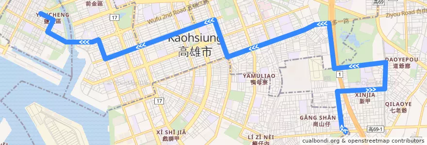 Mapa del recorrido 11路(往程) de la línea  en Kaohsiung.