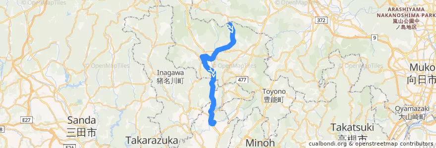 Mapa del recorrido 77: 豊中センター前→山下駅前 de la línea  en 日本.