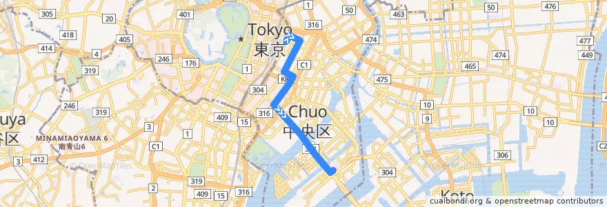 Mapa del recorrido 晴海ライナー de la línea  en Chuo.