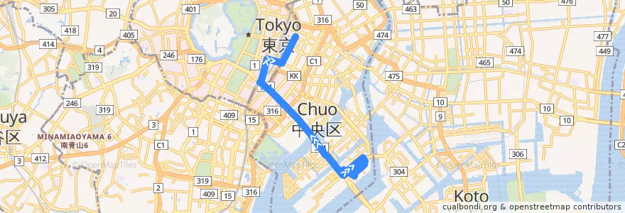 Mapa del recorrido 晴海ライナー de la línea  en Tóquio.