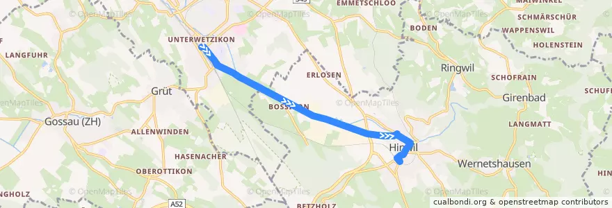 Mapa del recorrido Bus 869: Wetzikon ZH, Bahnhof => Hinwil, Bahnhof (Weg A) de la línea  en Bezirk Hinwil.