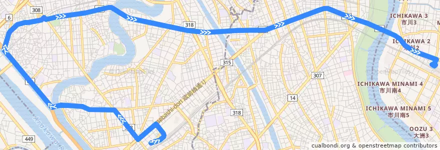 Mapa del recorrido 四ツ木線 de la línea  en 東京都.