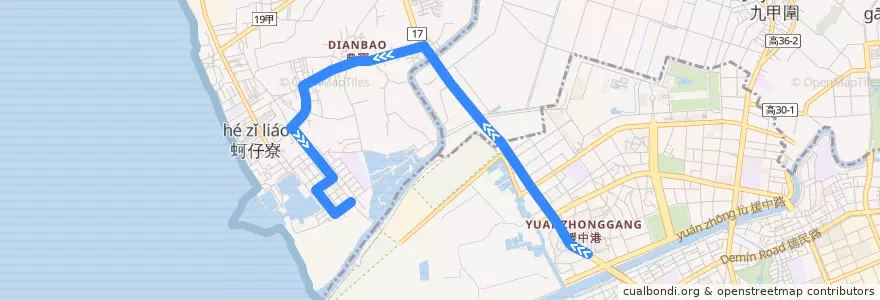 Mapa del recorrido 紅53(延駛蚵仔寮_往程) de la línea  en Kaohsiung.
