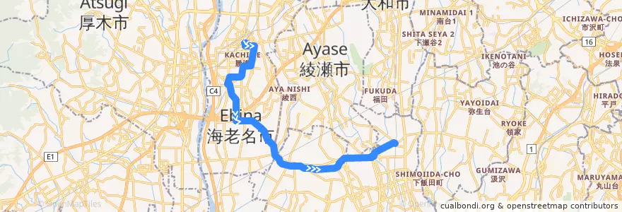 Mapa del recorrido 長16 海老名駅東口→厚木ナイロン→長後駅西口 de la línea  en Prefectura de Kanagawa.