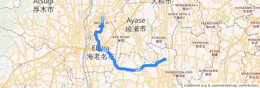 Mapa del recorrido 長16 海老名駅東口→長後駅西口 de la línea  en 神奈川県.