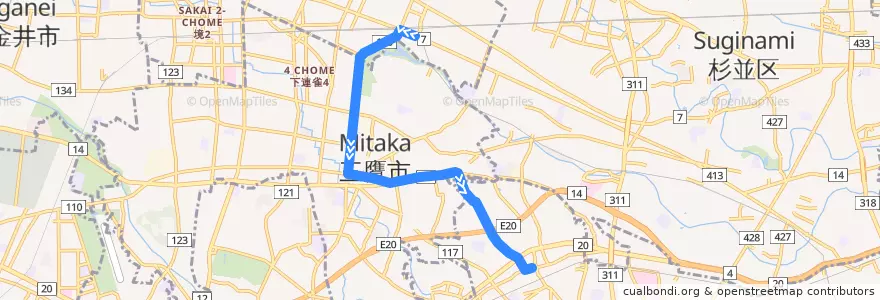Mapa del recorrido Bus 吉02 吉祥寺駅->千歳烏山駅北口 de la línea  en Tokyo.