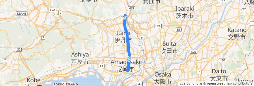 Mapa del recorrido 56: 阪急川西能勢口→阪神尼崎 de la línea  en Préfecture de Hyōgo.