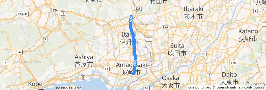 Mapa del recorrido 56: 阪神尼崎→阪急川西能勢口 de la línea  en 兵庫県.