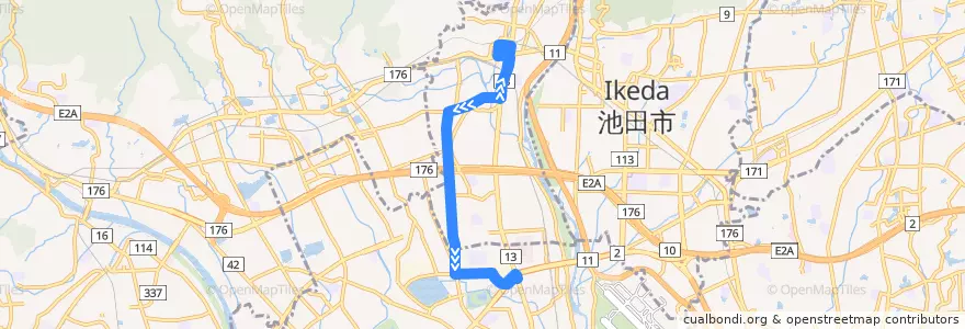 Mapa del recorrido 61: 阪急川西能勢口～北村 de la línea  en Prefettura di Hyōgo.