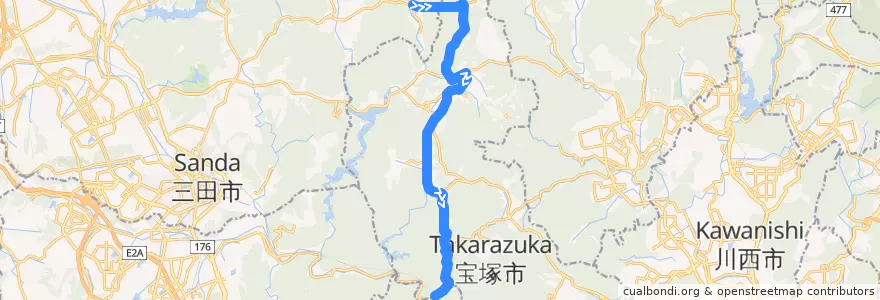 Mapa del recorrido 10: 波豆川→JR武田尾 de la línea  en 宝塚市.