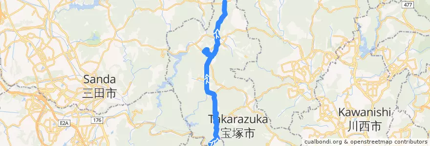 Mapa del recorrido 12: JR武田尾→上佐曽利 de la línea  en 宝塚市.